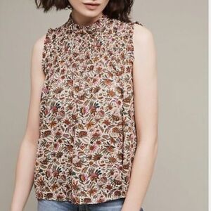 Anthropologie Maeve DARBY Floral Smocked High Neck Sleeveless Blouse Size 2